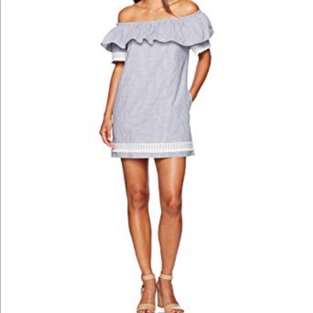 TAHARI- off the shoulder cotton strip dress- sz 4P